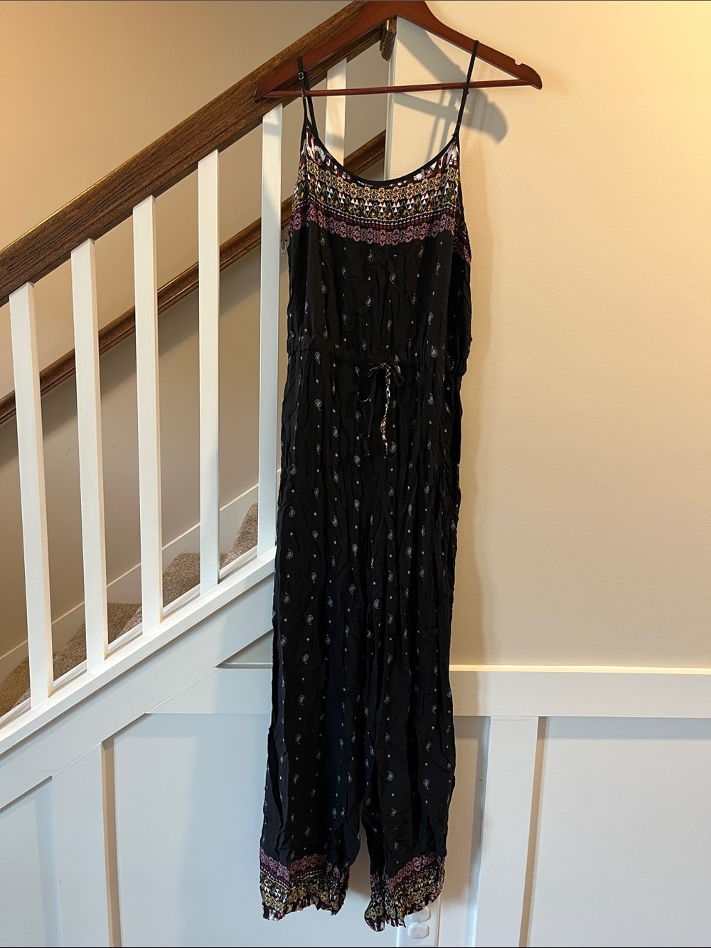 shosho Black Spaghetti-Strap Jumpsuit with Multicolor Embroidered Trim
